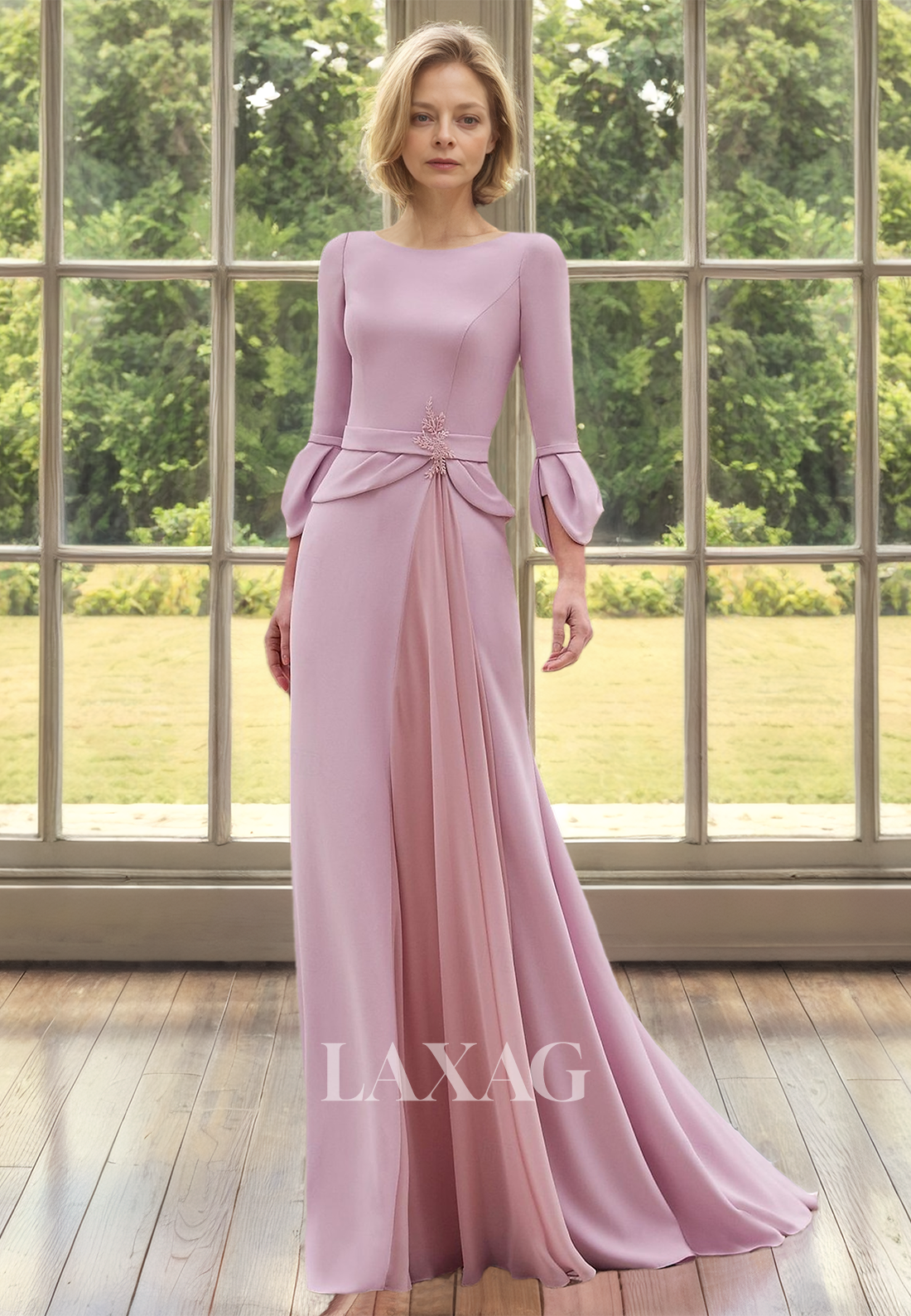 Long-Sleeves Scoop-Neck Fitted Mother of the Bride Dress Beaded Pleated Floor-Length Cocktail Gowns - Fashionpara