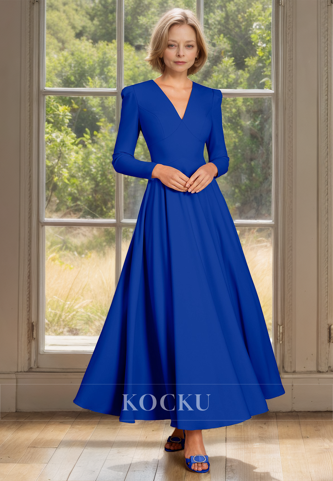 A-Line V-Neck Long Sleeves Ankle-Length Pleated Satin Mother of the Bride Dress Cocktail Gowns - Fashionpara