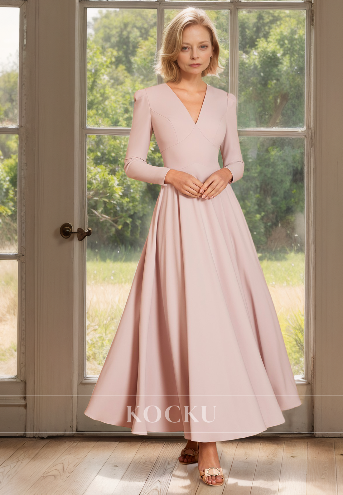 A-Line V-Neck Long Sleeves Ankle-Length Pleated Satin Mother of the Bride Dress Cocktail Gowns - Fashionpara