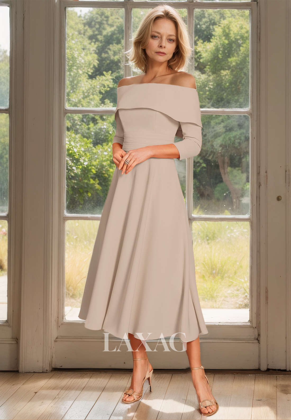 Tube Top Long-Sleeves Chiffon Pleated Cocktail Gowns Off-Shoulder Midi Mother of the Bride Dress - Fashionpara