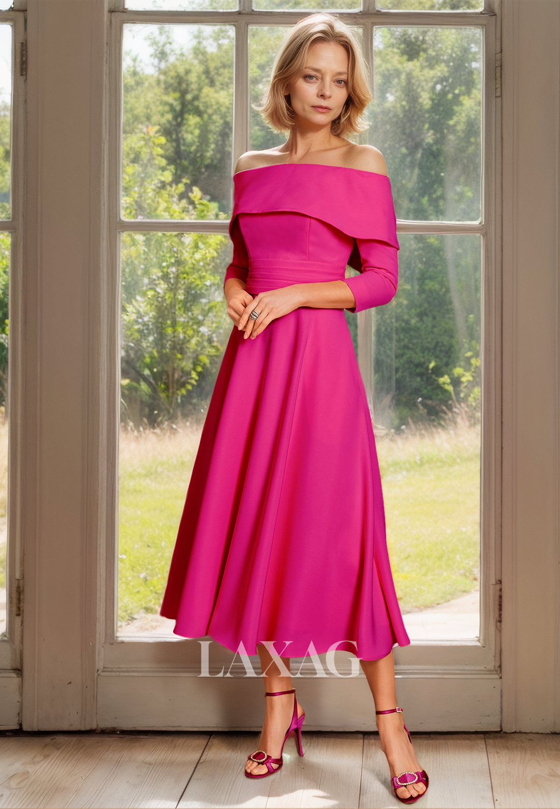 Tube Top Long-Sleeves Chiffon Pleated Cocktail Gowns Off-Shoulder Midi Mother of the Bride Dress - Fashionpara