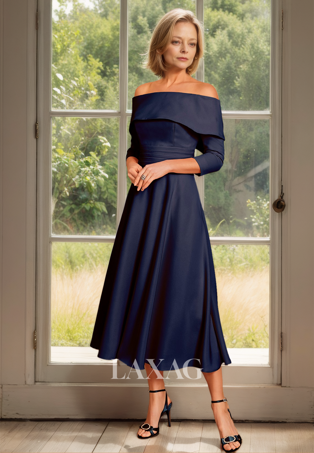 Tube Top Long-Sleeves Chiffon Pleated Cocktail Gowns Off-Shoulder Midi Mother of the Bride Dress - Fashionpara