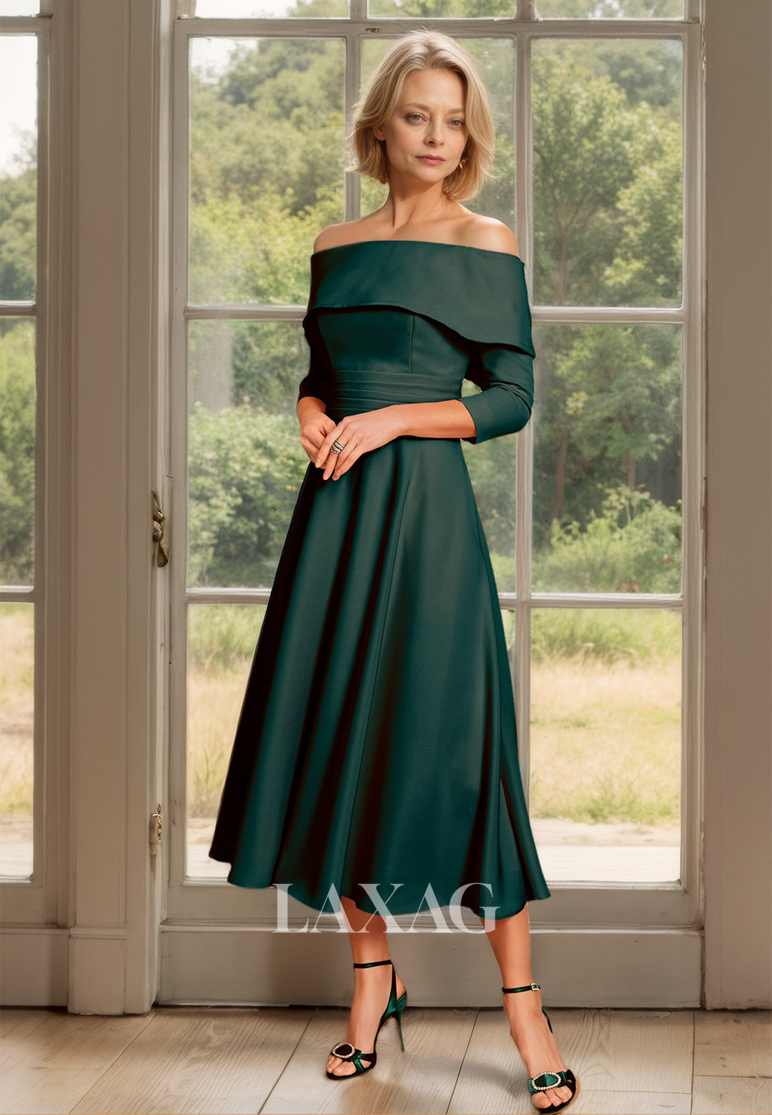 Tube Top Long-Sleeves Chiffon Pleated Cocktail Gowns Off-Shoulder Midi Mother of the Bride Dress - Fashionpara