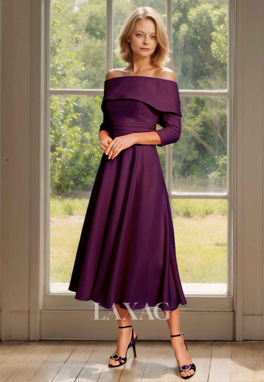 Tube Top Long-Sleeves Chiffon Pleated Cocktail Gowns Off-Shoulder Midi Mother of the Bride Dress - Fashionpara