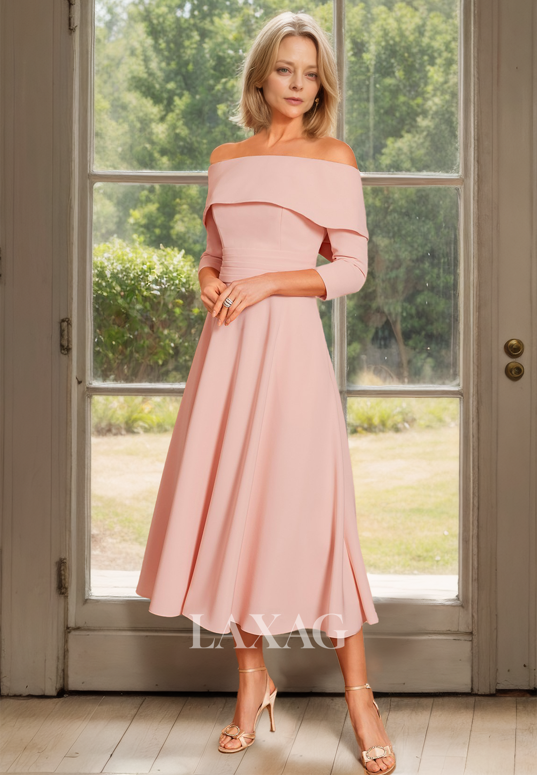 Tube Top Long-Sleeves Chiffon Pleated Cocktail Gowns Off-Shoulder Midi Mother of the Bride Dress - Fashionpara