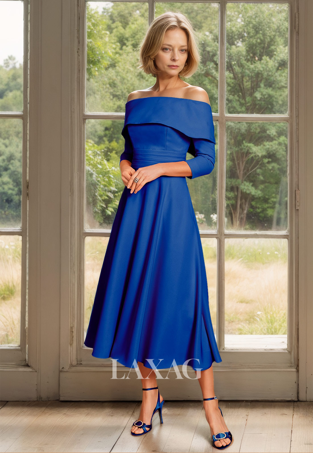 Tube Top Long-Sleeves Chiffon Pleated Cocktail Gowns Off-Shoulder Midi Mother of the Bride Dress - Fashionpara