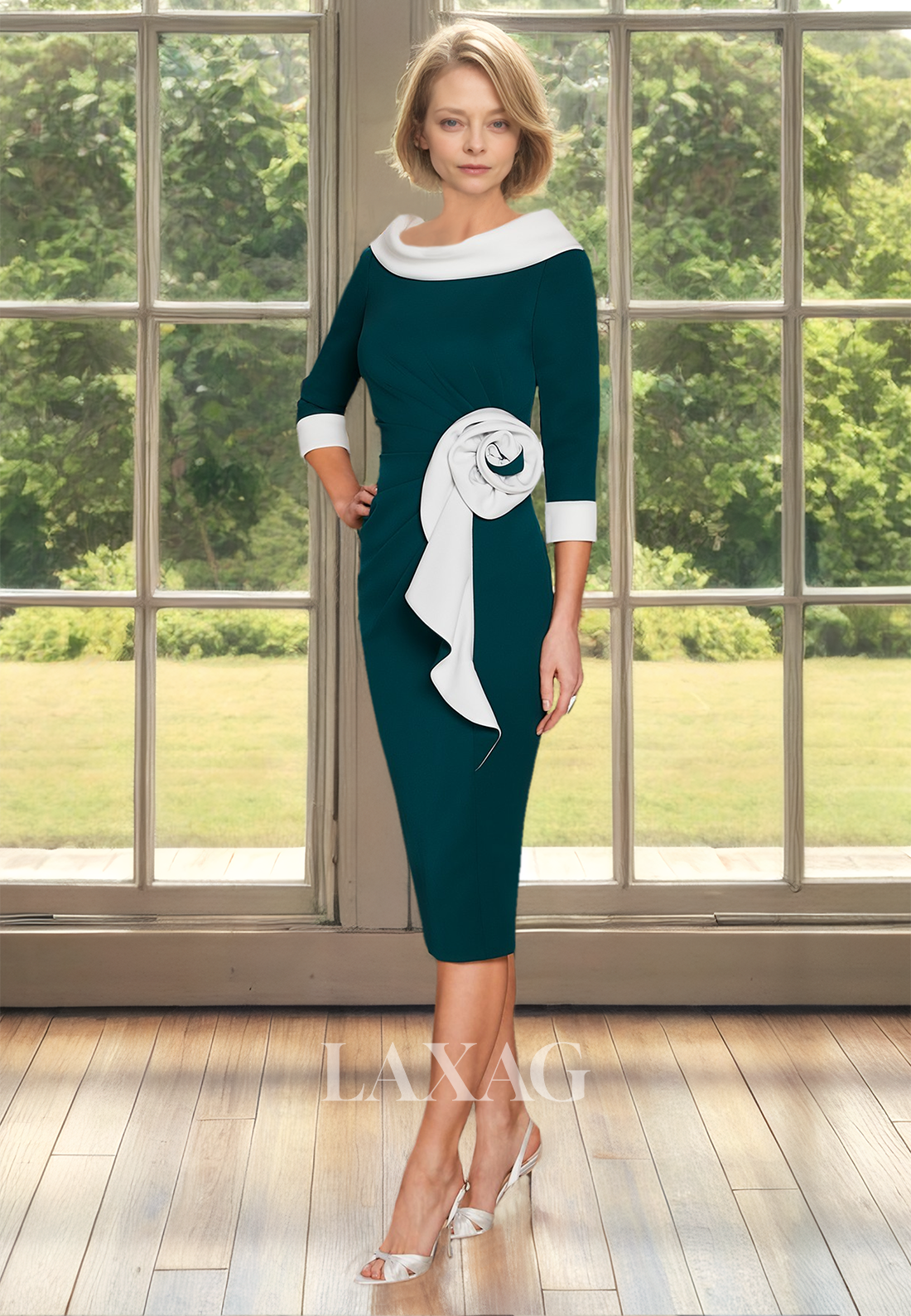 Long-Sleeves Scoop-Neck Mermaid Cocktail Gowns Pleated Two Tone Midi Mother of the Bride Dress - Fashionpara