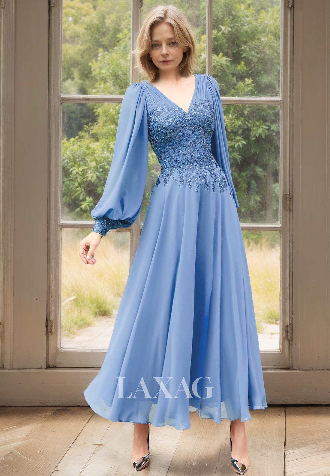 Long-Sleeves Pleated V-Neck Midi Cocktail Dress Beaded Applique Chiffon Mother of the Bride Dress - Fashionpara