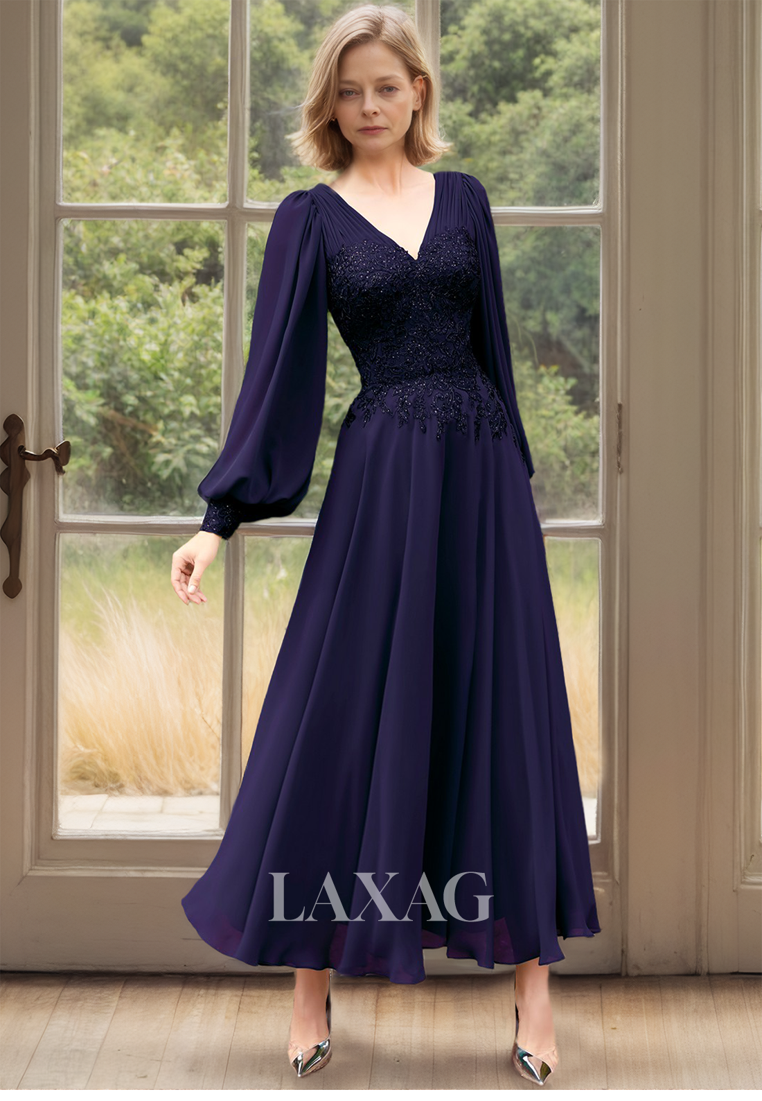 Long-Sleeves Pleated V-Neck Midi Cocktail Dress Beaded Applique Chiffon Mother of the Bride Dress - Fashionpara