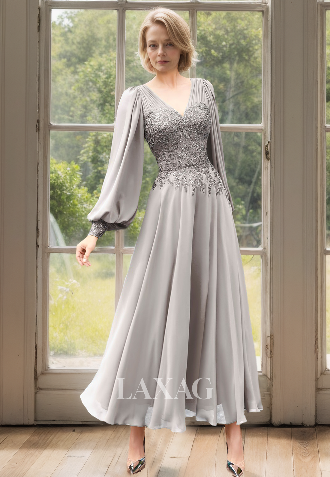 Long-Sleeves Pleated V-Neck Midi Cocktail Dress Beaded Applique Chiffon Mother of the Bride Dress - Fashionpara