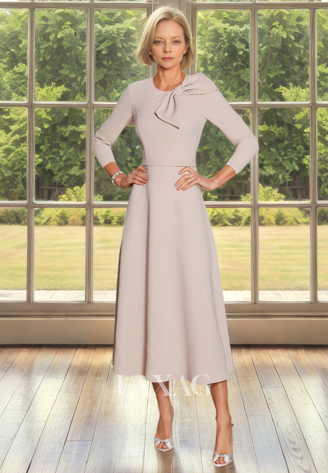 A-Line Long-Sleeves Midi Cocktail Gowns Scoop-Neck Beaded Mother of the Bride Dress with Bow - Fashionpara