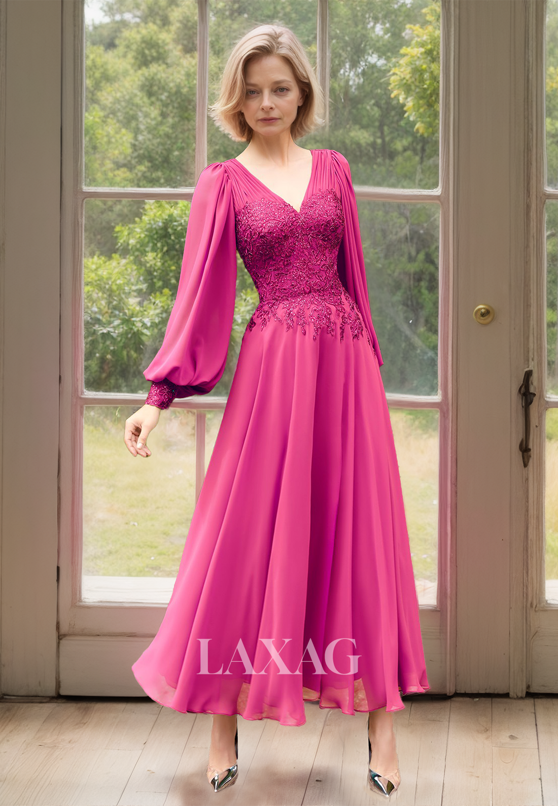 Long-Sleeves Pleated V-Neck Midi Cocktail Dress Beaded Applique Chiffon Mother of the Bride Dress - Fashionpara