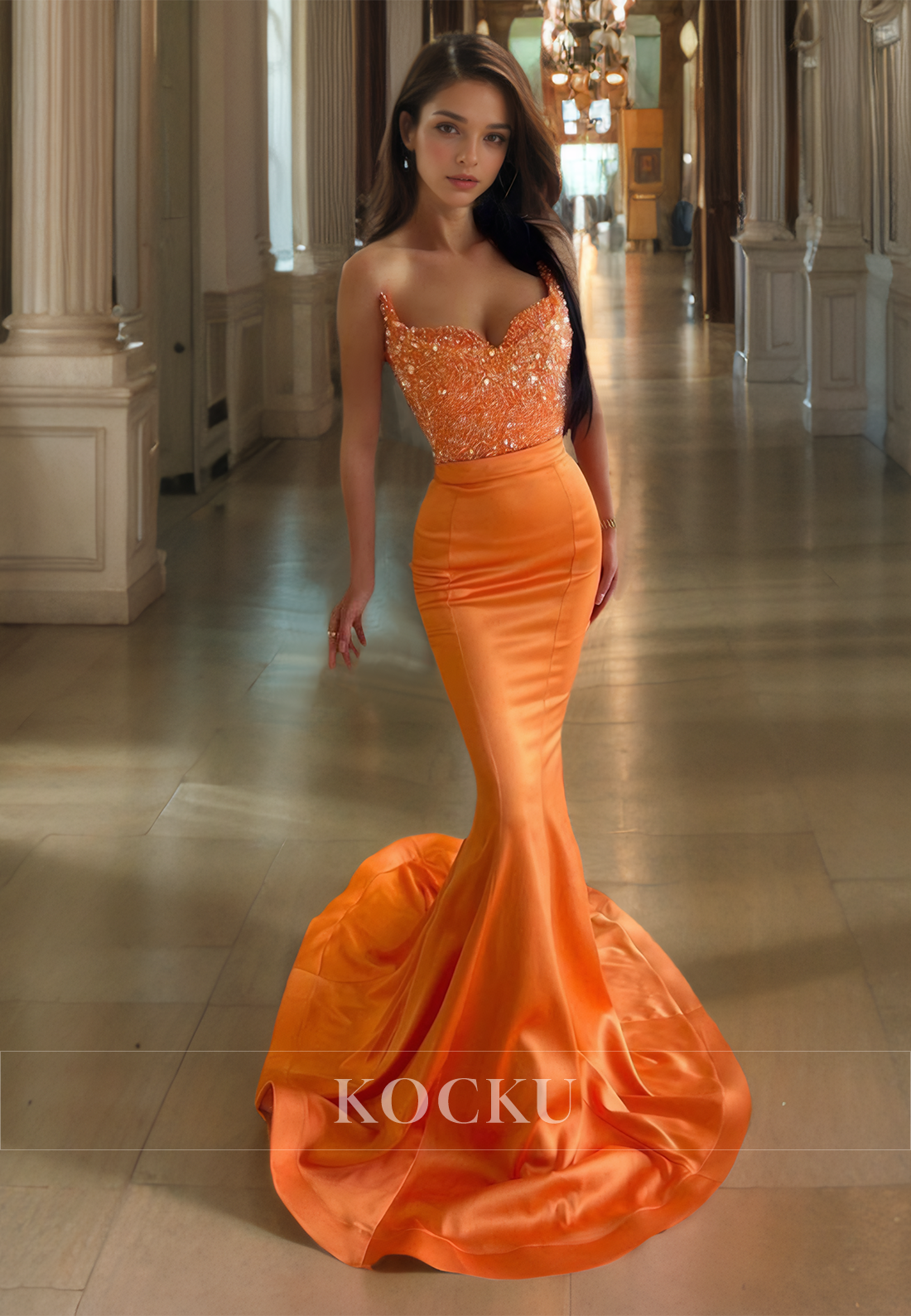 Sweetheart Mermaid Prom Dress Sleeveless Sweep Train Satin Formal Gowns with Beads - Fashionpara