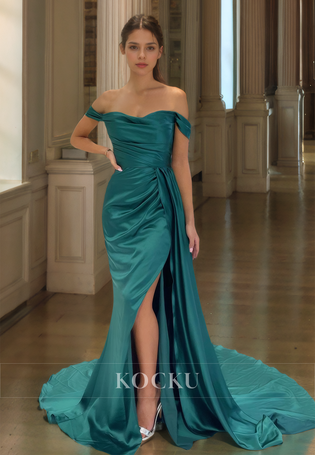 Off-Shoulder Sheath Prom Dress Sleeveless Sweep Train Ruched Satin Formal Gown with Slit - Fashionpara