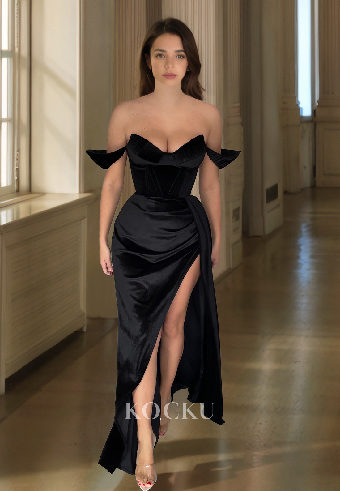 Off-Shoulder Sweetheart Sheath High Split Floor-Length Pleats Satin Prom Dress Formal Gown - Fashionpara