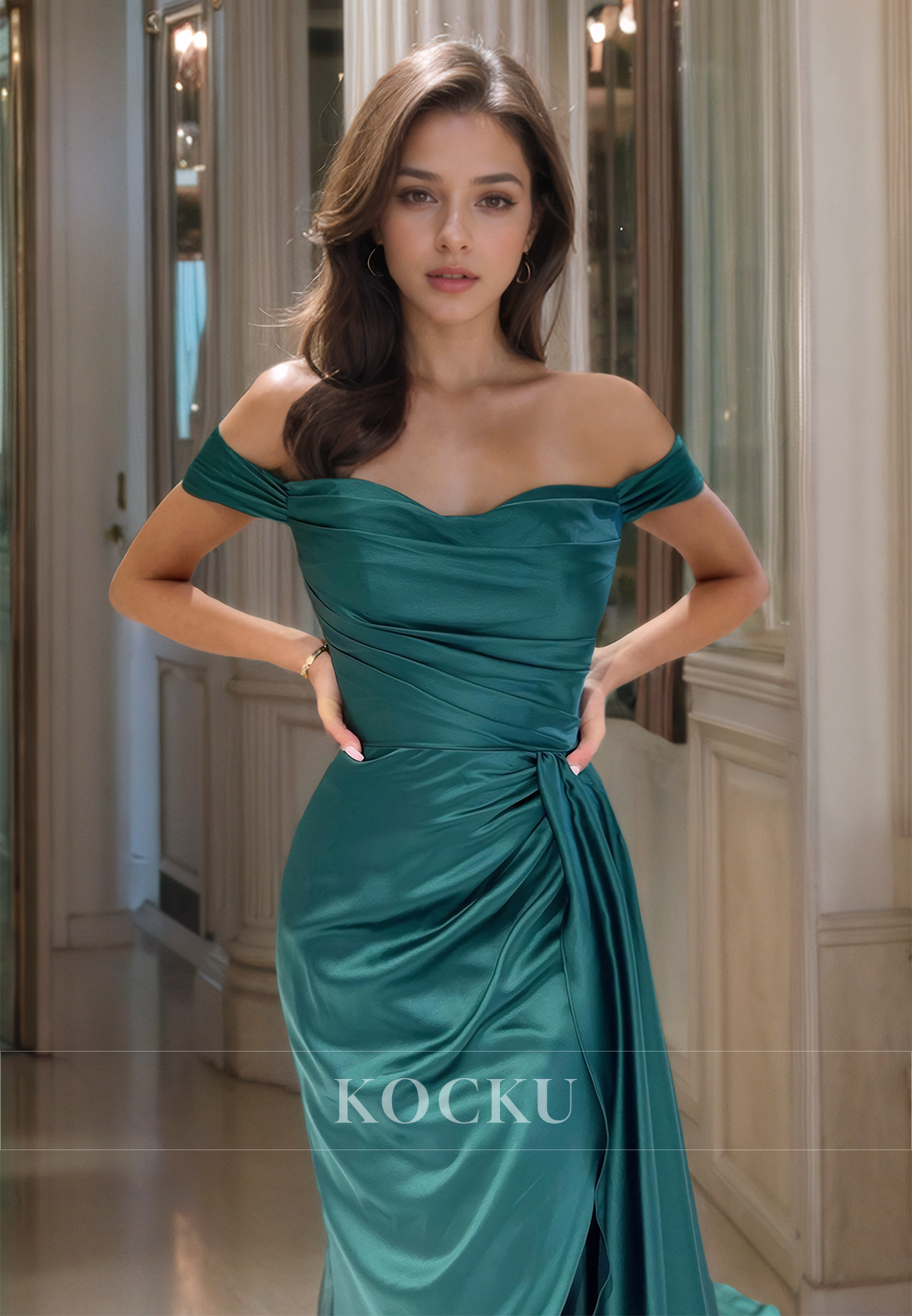 Off-Shoulder Sheath Prom Dress Sleeveless Sweep Train Ruched Satin Formal Gown with Slit - Fashionpara