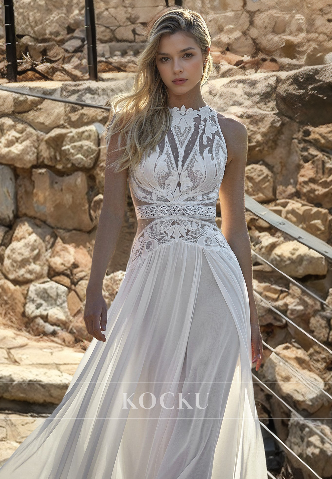 Scoop Neck A-Line Sleeveless Pleats Lace Beach Wedding Dress Boho Gowns with Appliques - Fashionpara