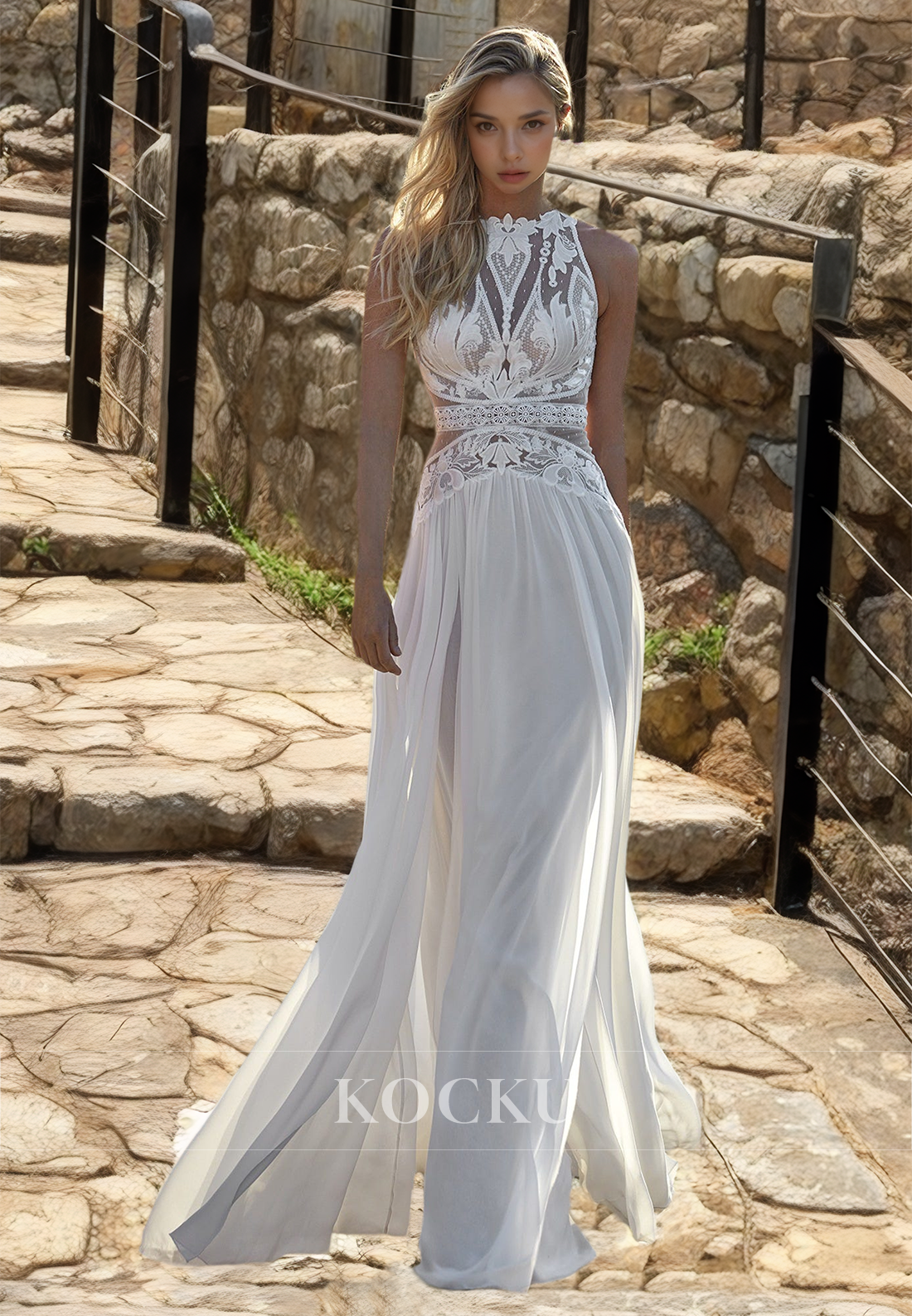 Scoop Neck A-Line Sleeveless Pleats Lace Beach Wedding Dress Boho Gowns with Appliques - Fashionpara