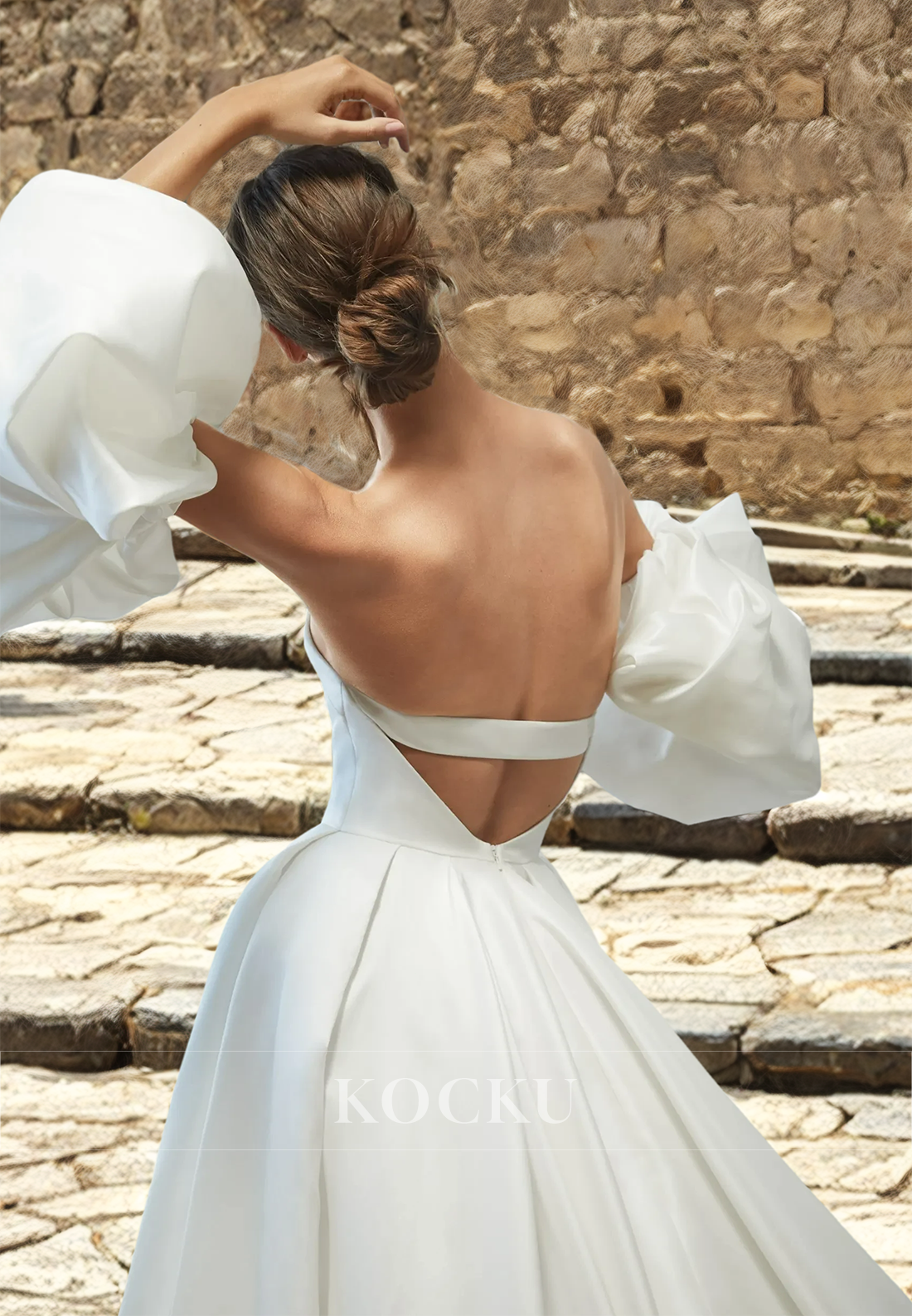 Sweetheart Puff Sleeves A-Line Backless Pleats Satin Wedding Dress with Sweep Train Bridal Dress - Fashionpara