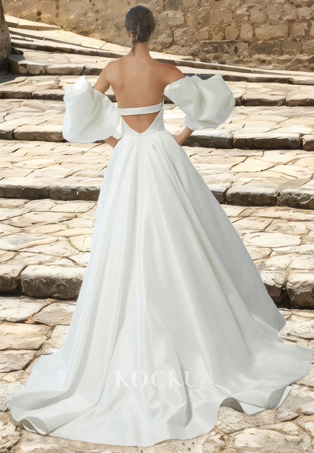 Sweetheart Puff Sleeves A-Line Backless Pleats Satin Wedding Dress with Sweep Train Bridal Dress - Fashionpara