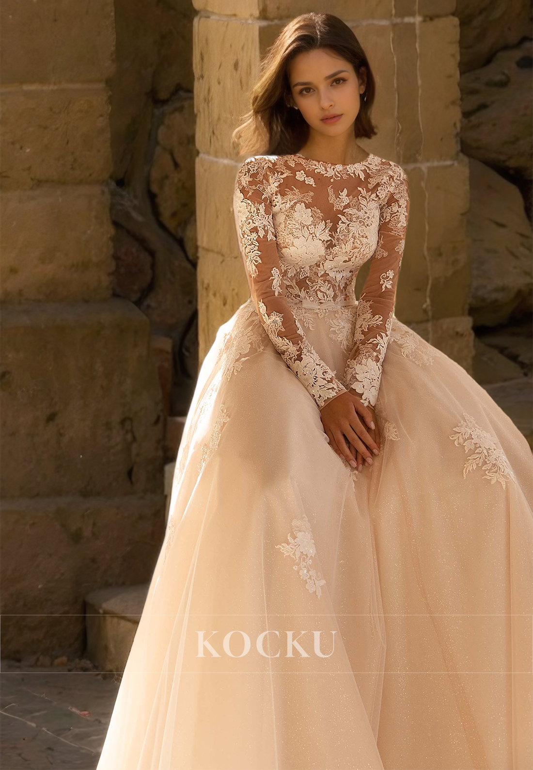 Scoop Neck Long Sleeves A-Line Pleated Lace Sheer Wedding Dress Bridal Gown with Appliques - Fashionpara