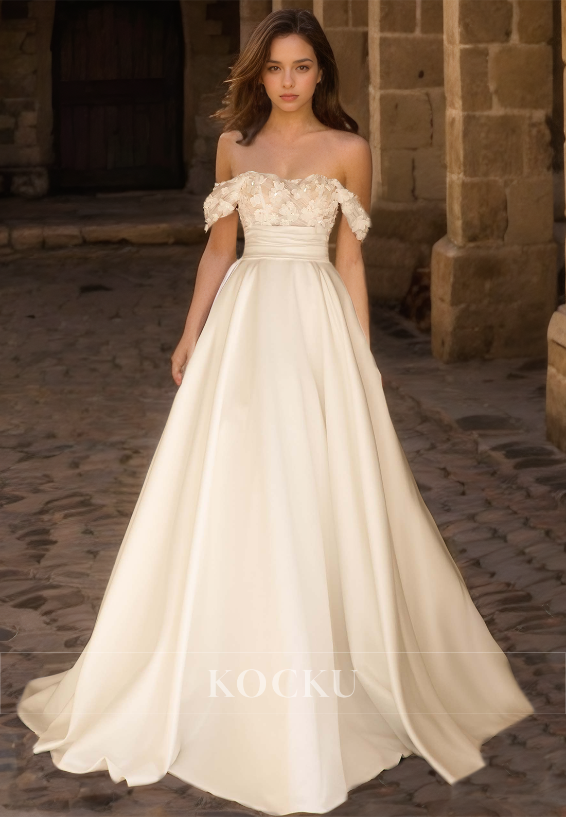 Off-Shoulder Sleeveless A-Line Sweep Train Pleated Satin Bridal Dress with Floral Wedding Dress - Fashionpara