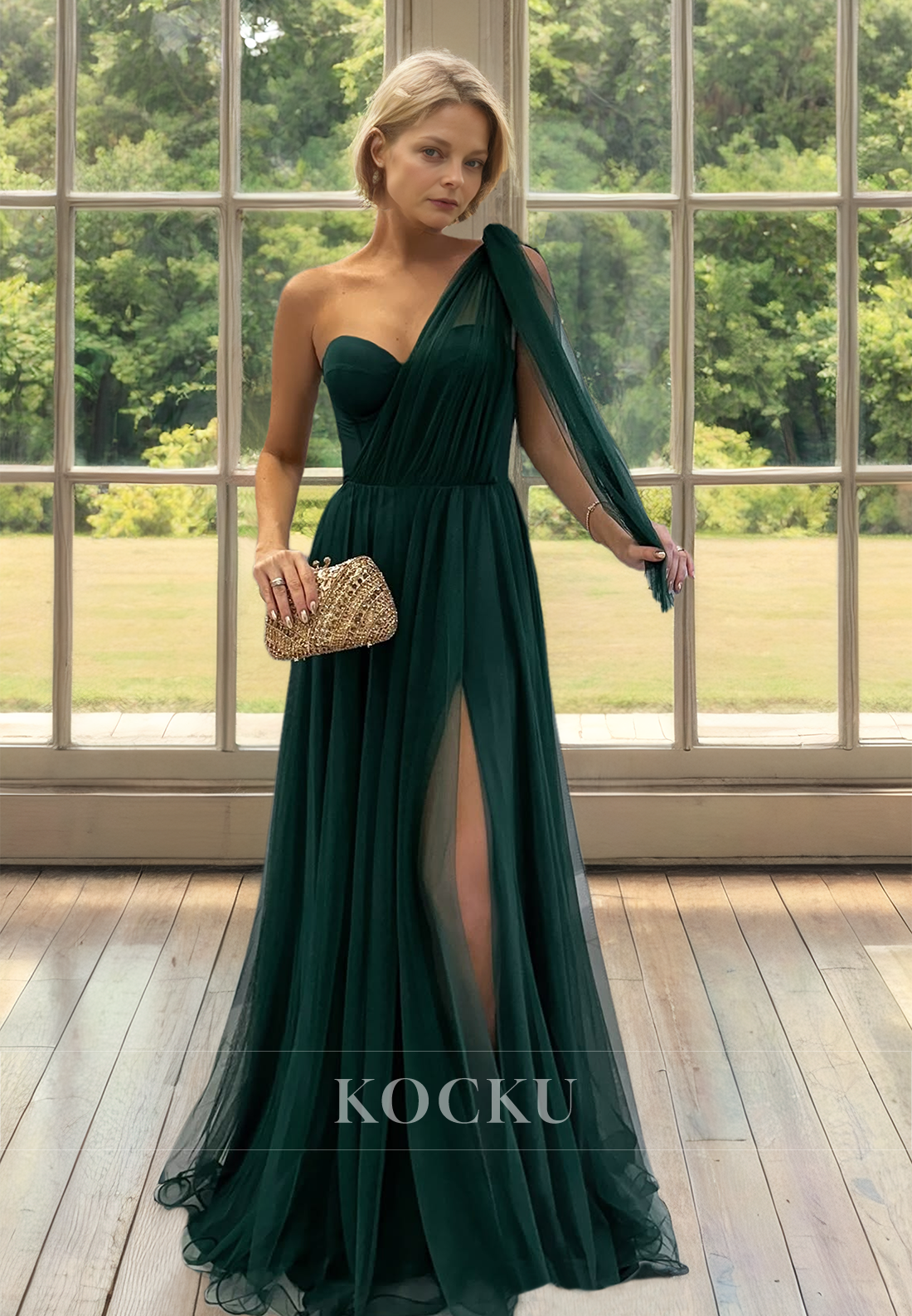 One Shoulder Sleeveless A-Line Floor-Length Pleats Lace Mother of Groom with Slit Cocktail Dress - Fashionpara