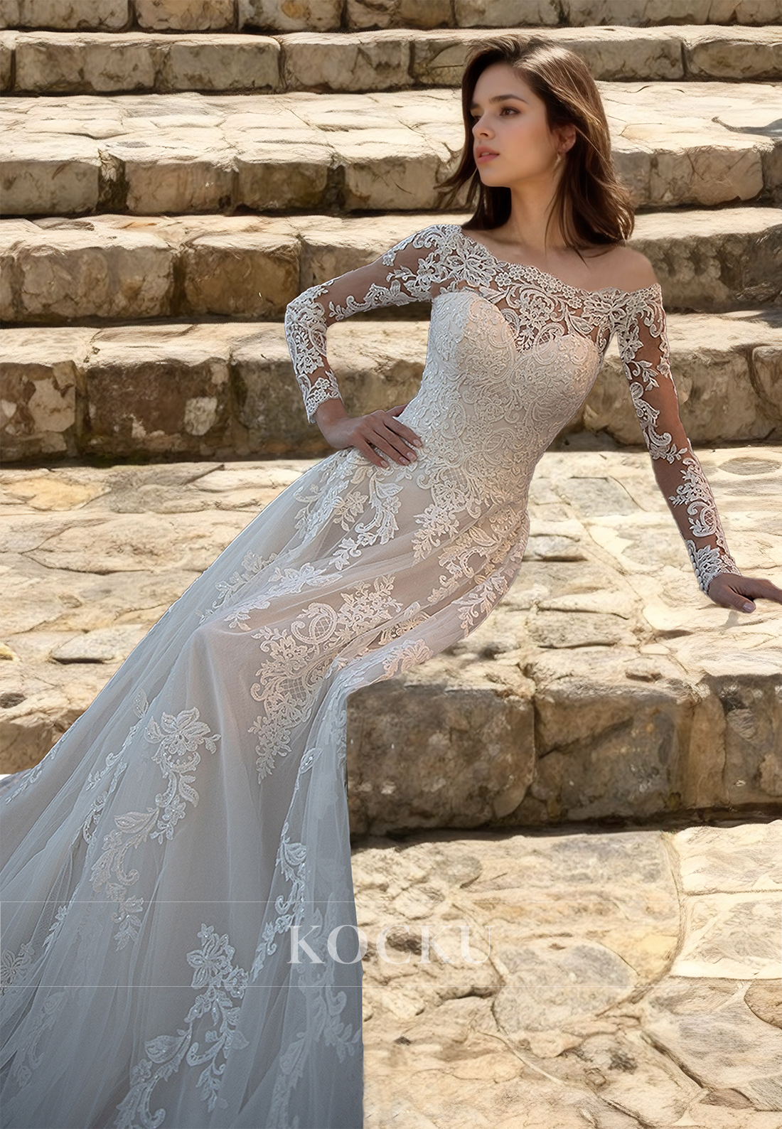 Tube Top A-Line Long Sleeves Sweep Train Pleated Lace Bridal Gowns with Appliques Wedding Dress - Fashionpara