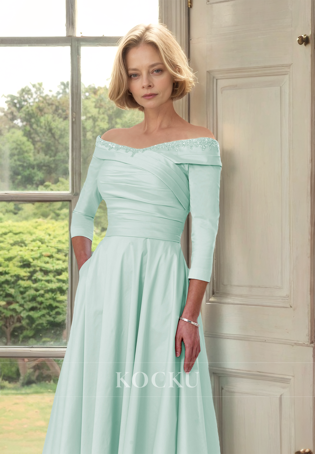 Tube Top Long Sleeves A-Line Tea-Length Pleats Satin Cocktail Dress with Appliques Mother of Groom - Fashionpara