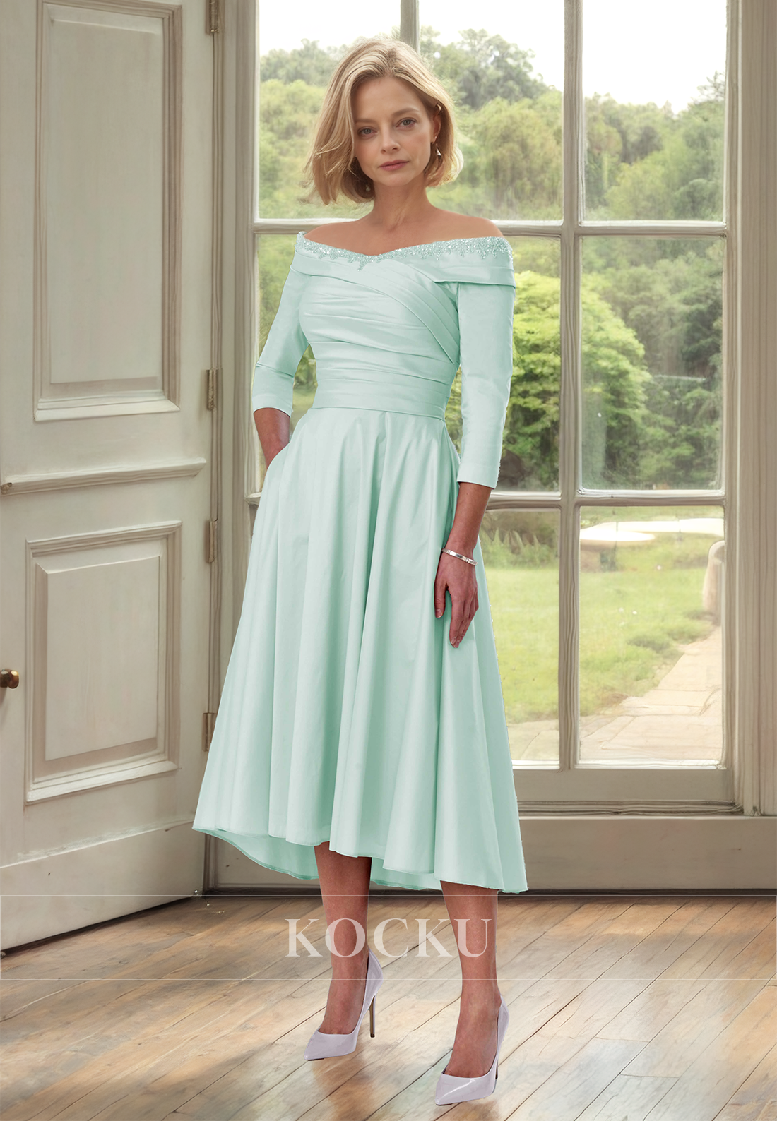 Tube Top Long Sleeves A-Line Tea-Length Pleats Satin Cocktail Dress with Appliques Mother of Groom - Fashionpara