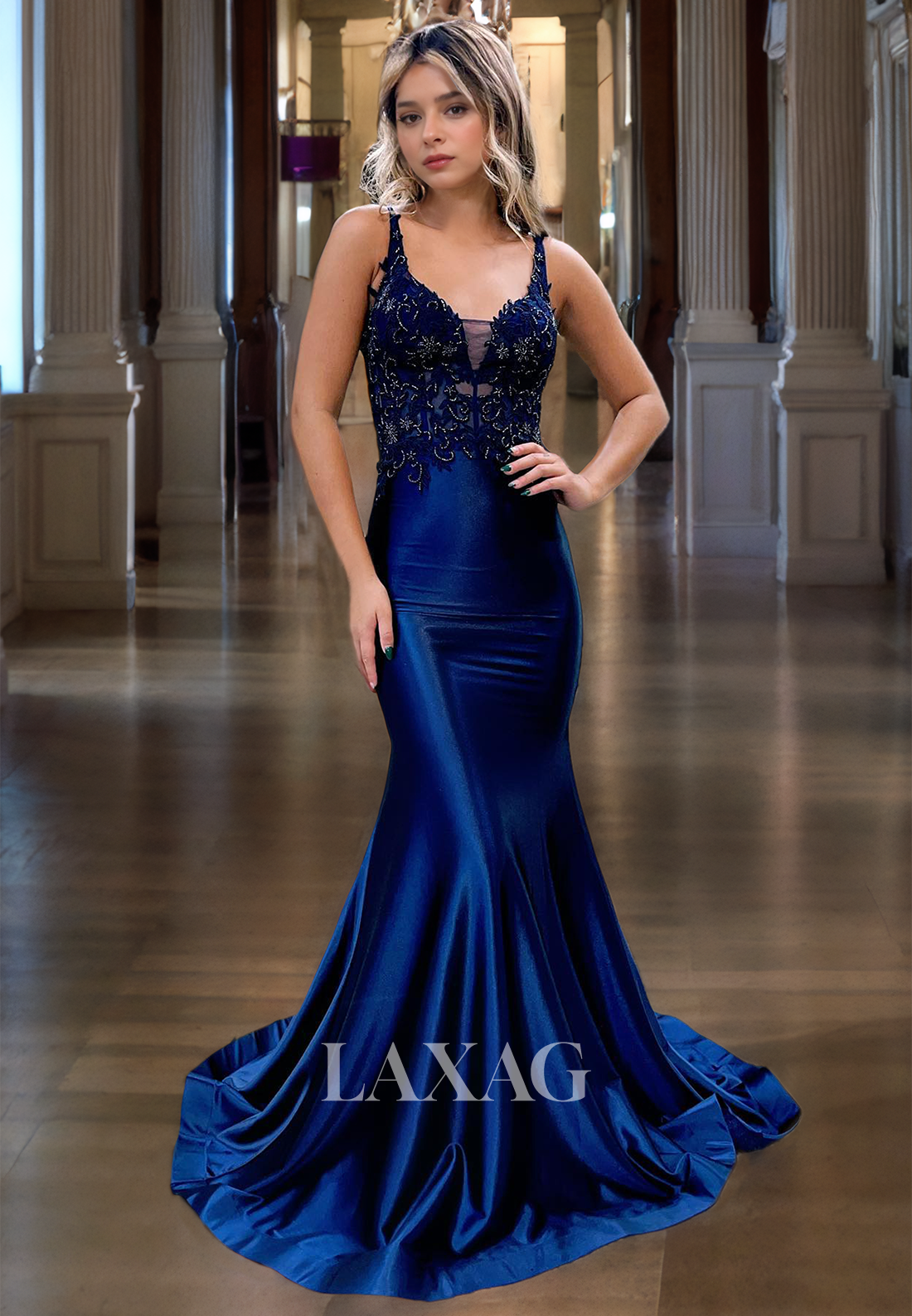 V-Neck Sequin Satin Court Train Trumpet&Mermaid Prom Dress Cocktail Dress - Fashionpara