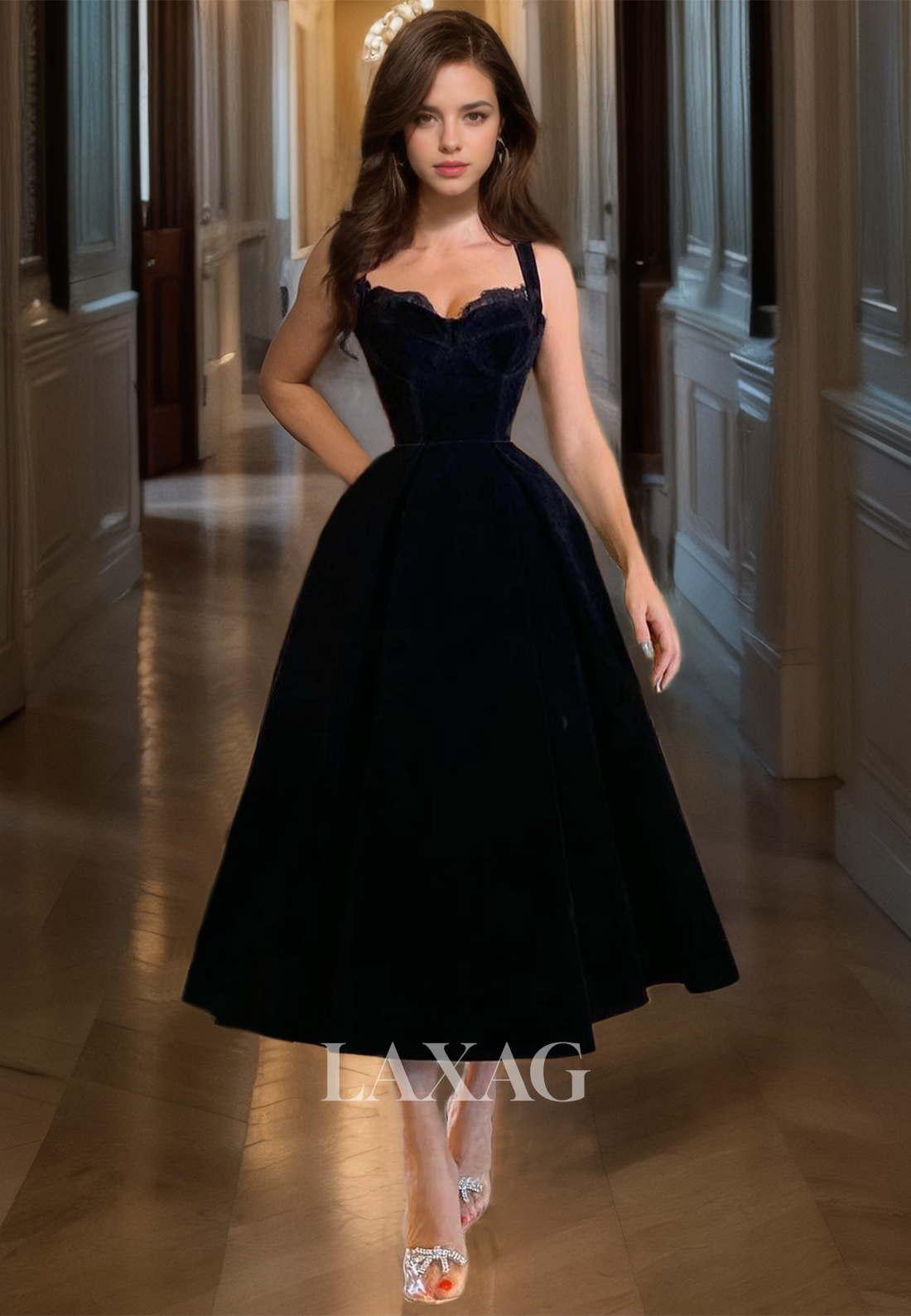 Sweetheart Black Velvet Prom Dress A-Line  Sleeveless Tea-Length Long Party Gown - Fashionpara