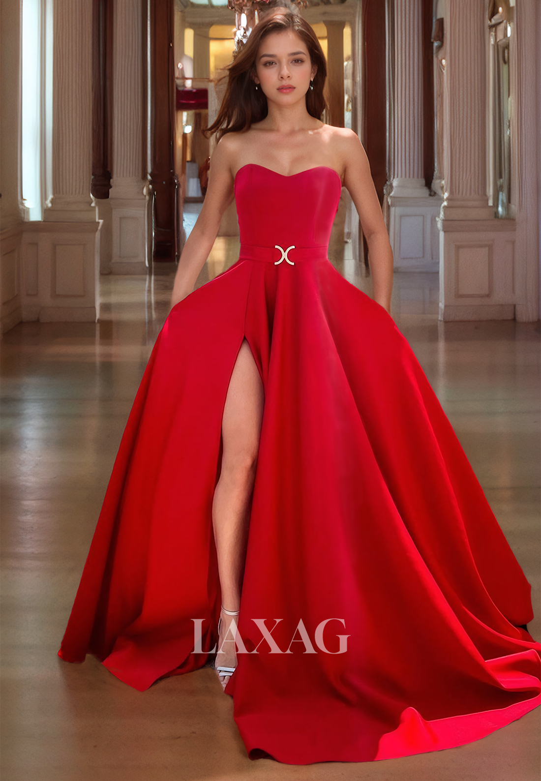 Sweetheart Strapless A-Line High Slit Sleeveless Red Long Formal Party Prom Dress - Fashionpara