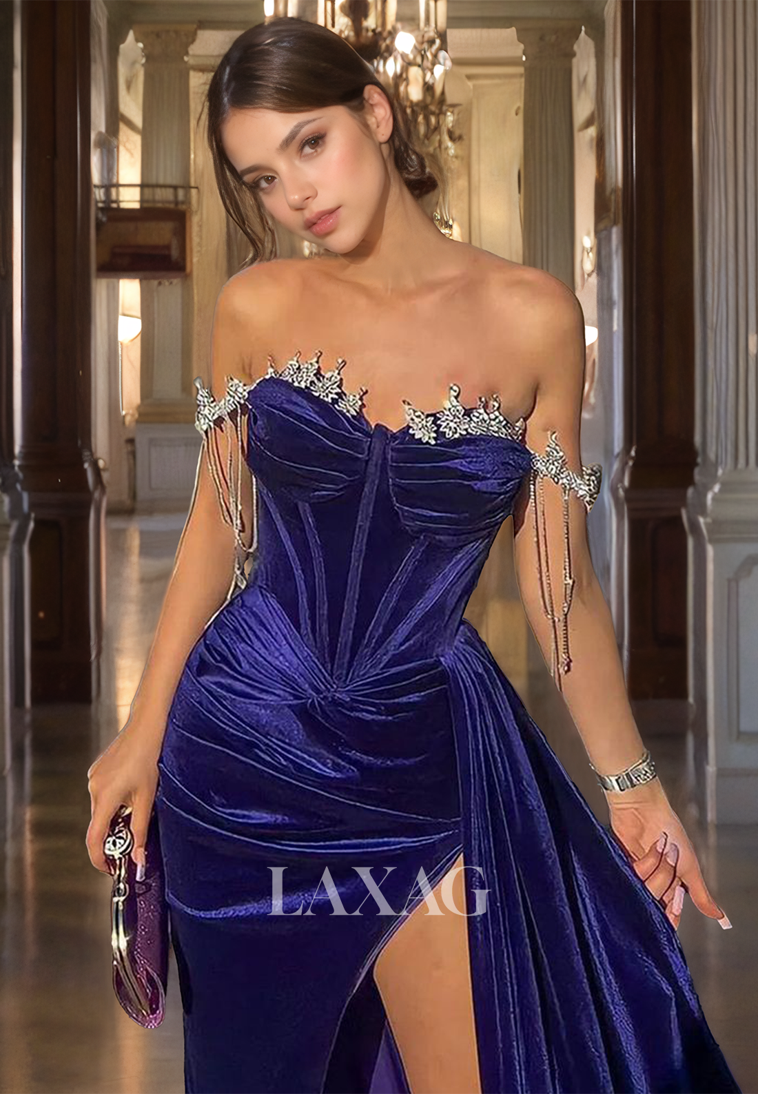 Sweetheart  Formal Party Dress Off Shoulder Velvet Regency High Slit Sheath&Column Long Prom Dress - Fashionpara