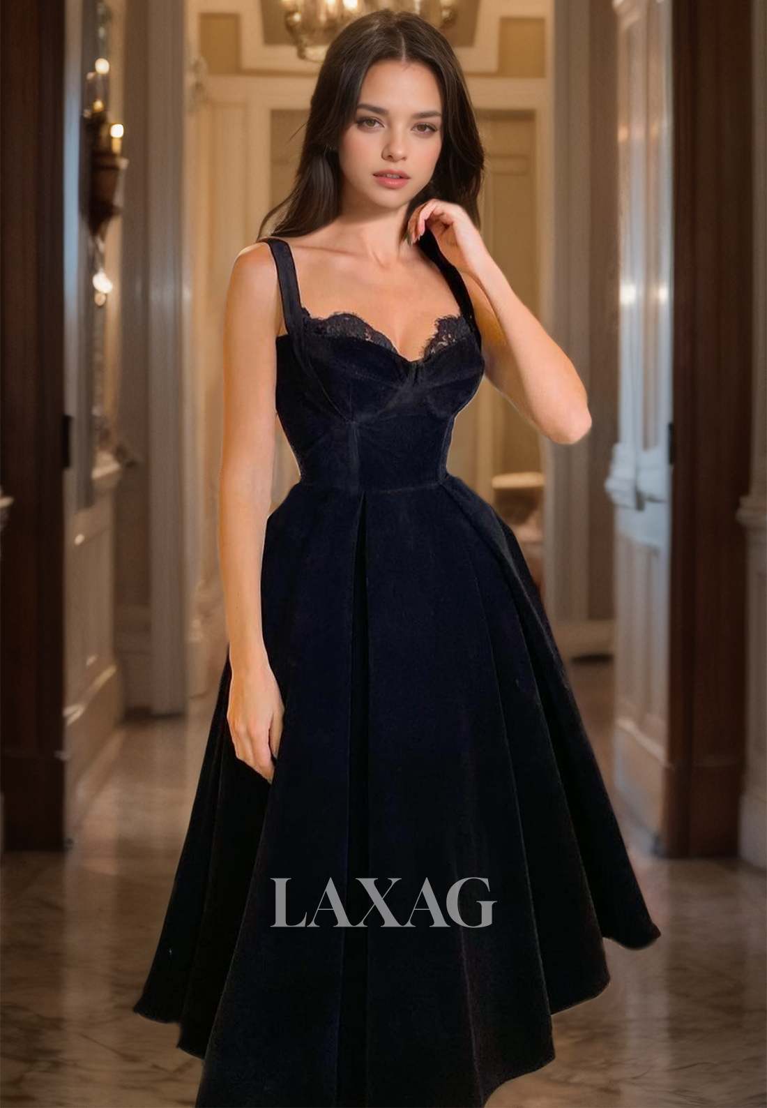 Sweetheart Black Velvet Prom Dress A-Line  Sleeveless Tea-Length Long Party Gown - Fashionpara