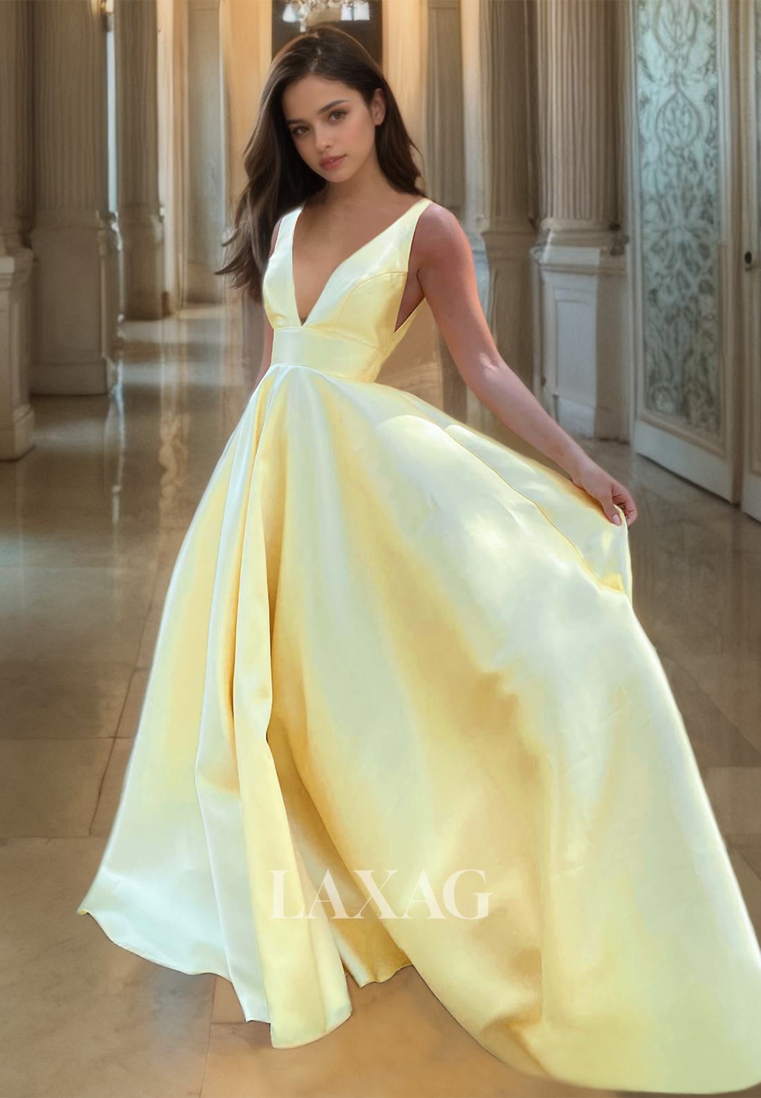 Long Daffodil Party Gown  A-Line Low-V-Neck Sleeveless Floor-Length Prom Dress - Fashionpara