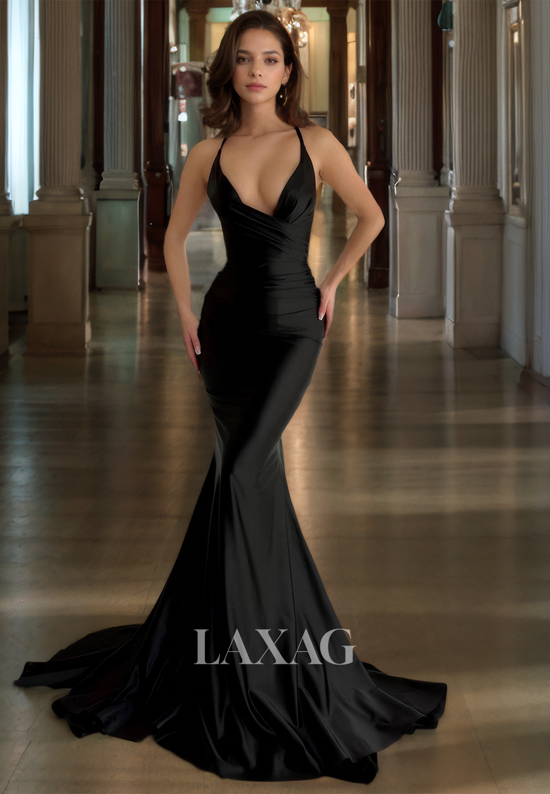 Aesthetic Long Formal Party Dress V-Neck Trumpet&Mermaid Satin Spaghetti Straps Black Prom Dress - Fashionpara