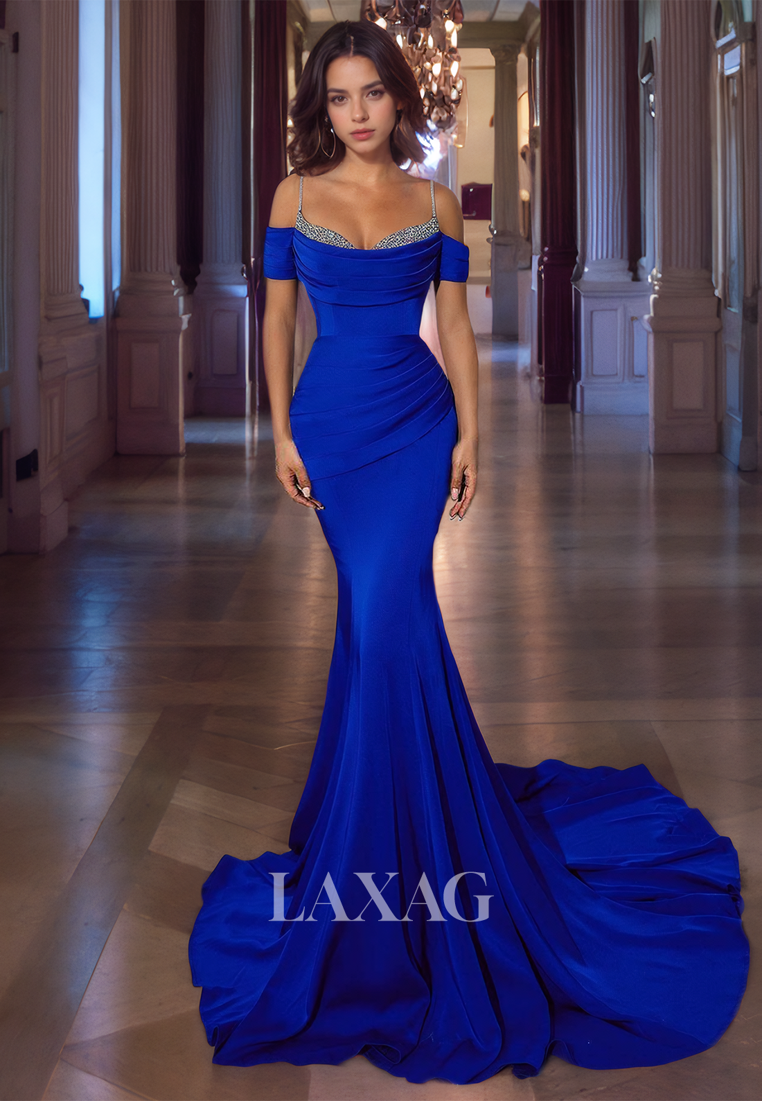 Classy Sweetheart Royal Blue Trumpet&Mermaid Off Shoulder Bead Satin Spaghetti Straps Long Cocktail Prom Dress - Fashionpara