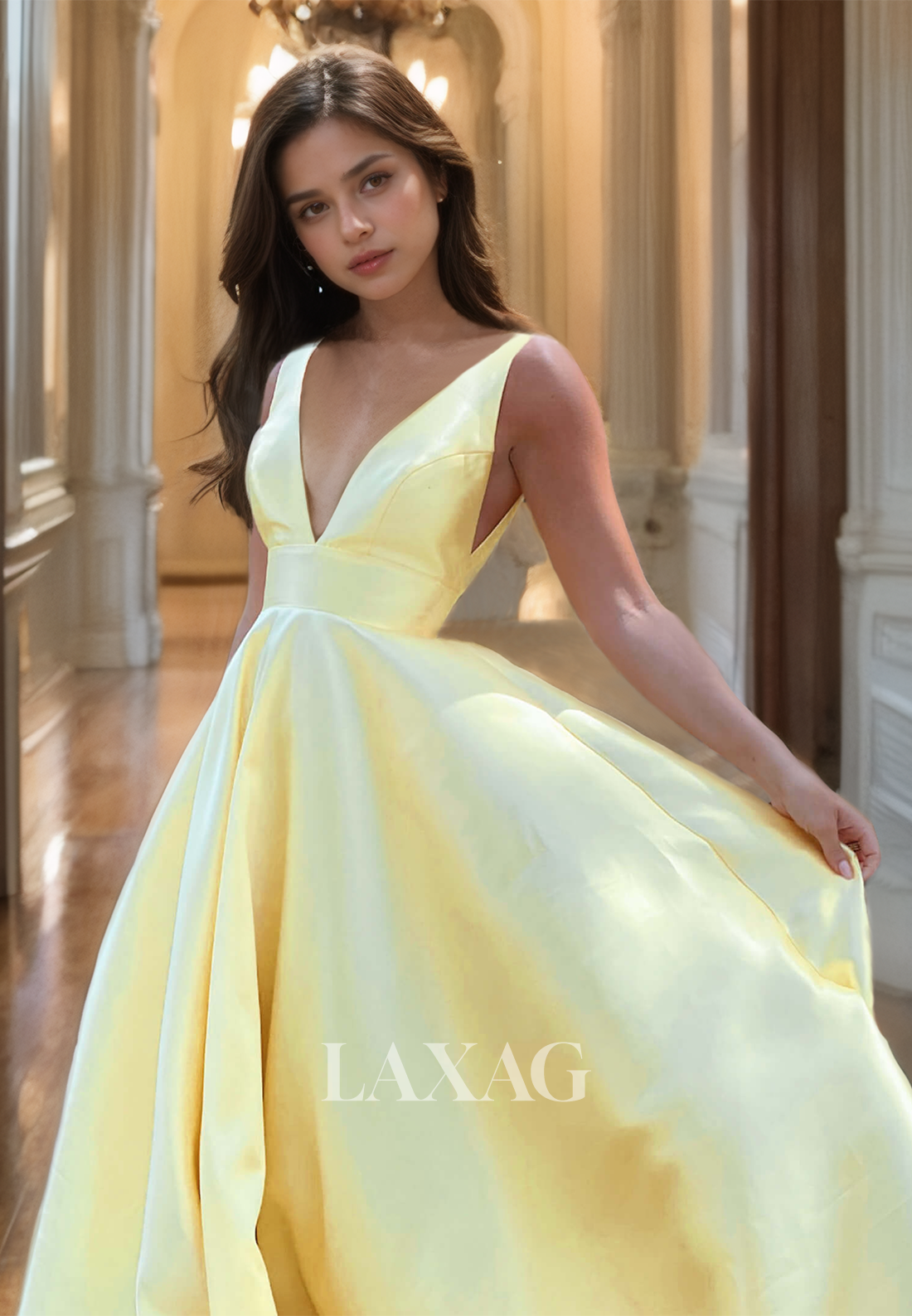 Long Daffodil Party Gown  A-Line Low-V-Neck Sleeveless Floor-Length Prom Dress - Fashionpara