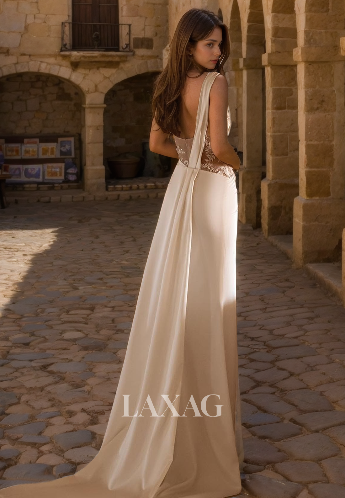 A-Line One Shoulder Appliques Sleek Satin High Slit Elegant Wedding Dress with Train - Fashionpara