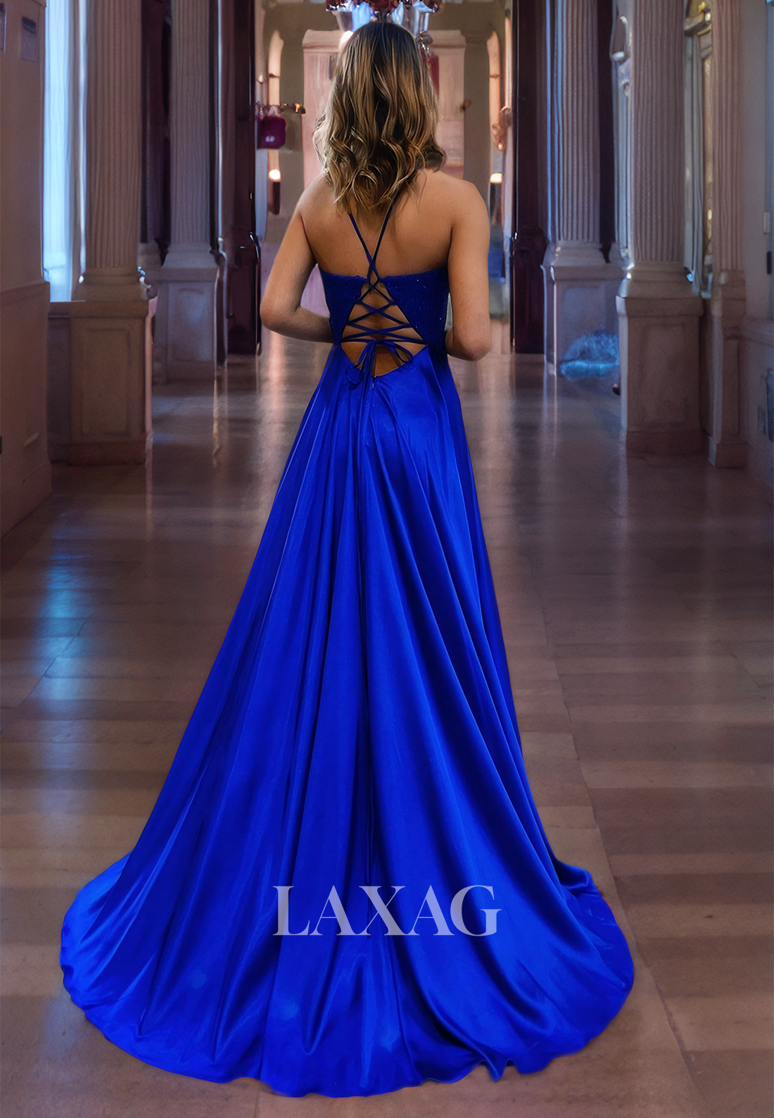 Royal Blue Formal Long Dress A-Line V-Neck Appique Top High Slit Prom Dress - Fashionpara