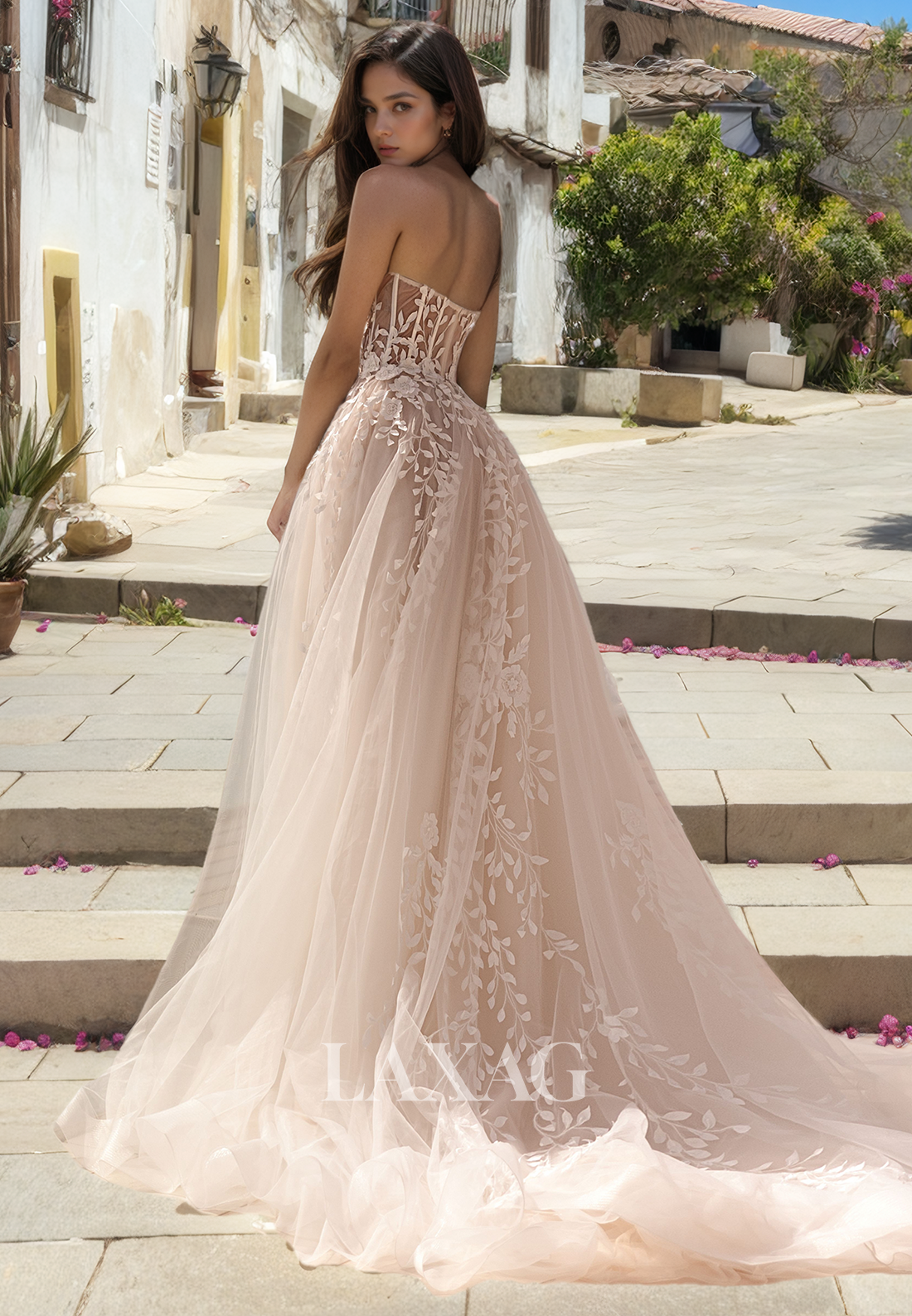 A-Linie Straplesss Lace Tulle Elegant Wedding Dress with Train - Fashionpara