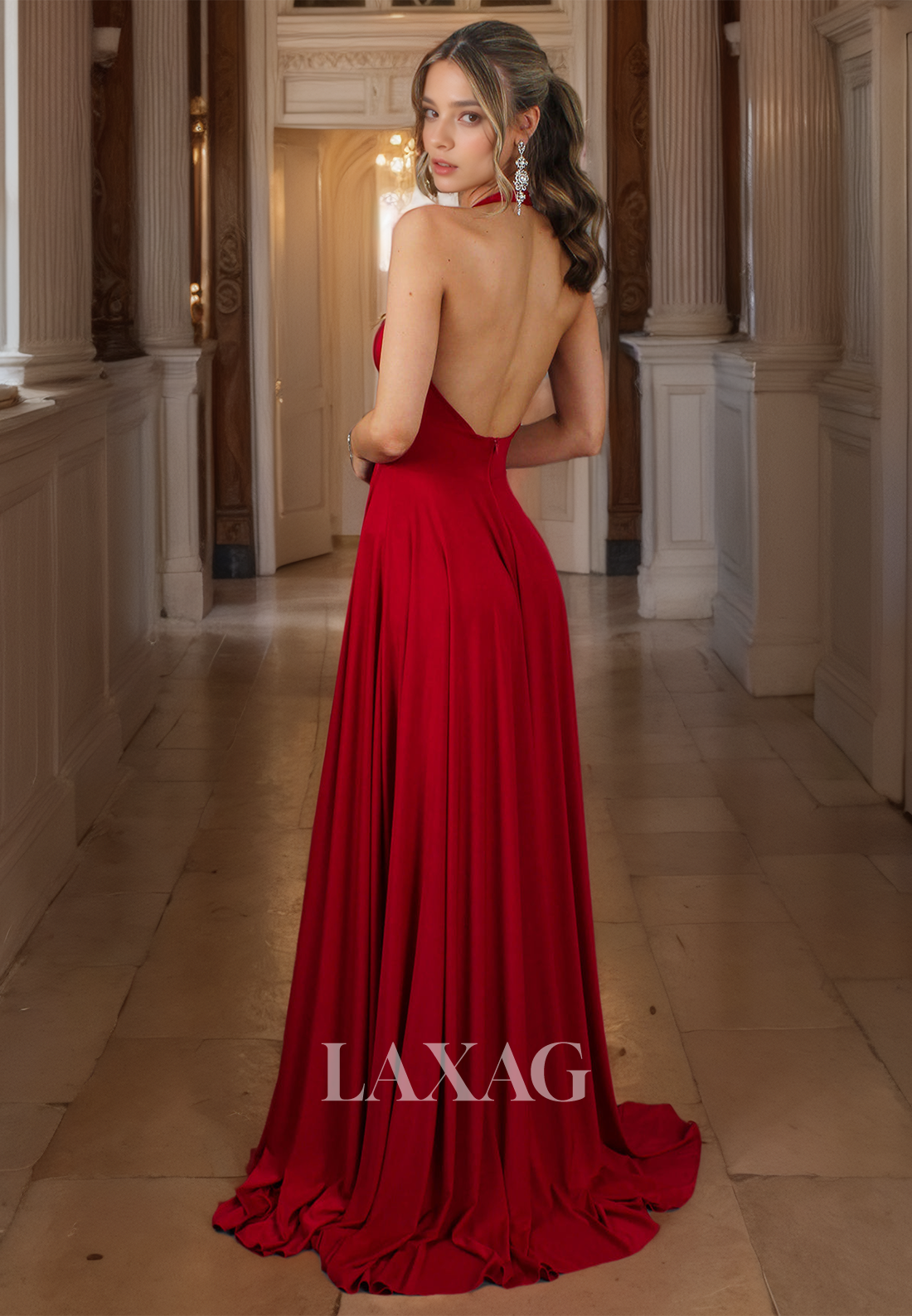 A-line Red Long Prom Dress Low-V-Neck Backless Halter Evening Dress with Slit - Fashionpara