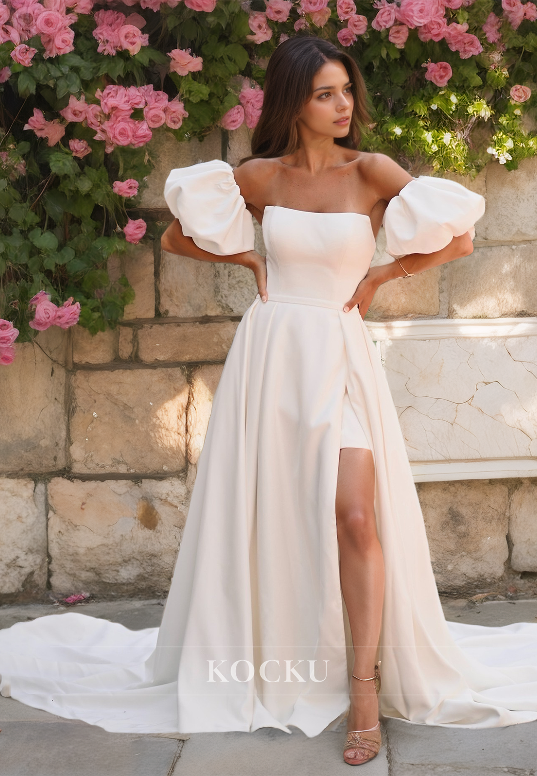 A-Line Strapless Wedding Dress Puff Sleeves Satin Bridal Dress with Detachable Overskirt