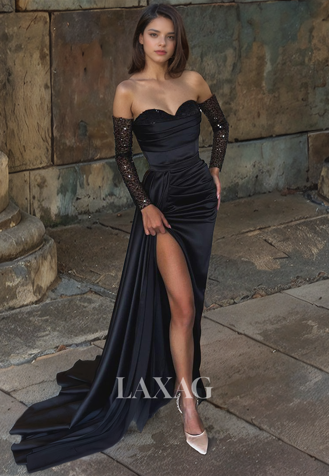 Sheath&Column High Slit Pleated Satin Sweetheart Formal Prom Dress with Long Sequin&Lace Sleeves - Fashionpara