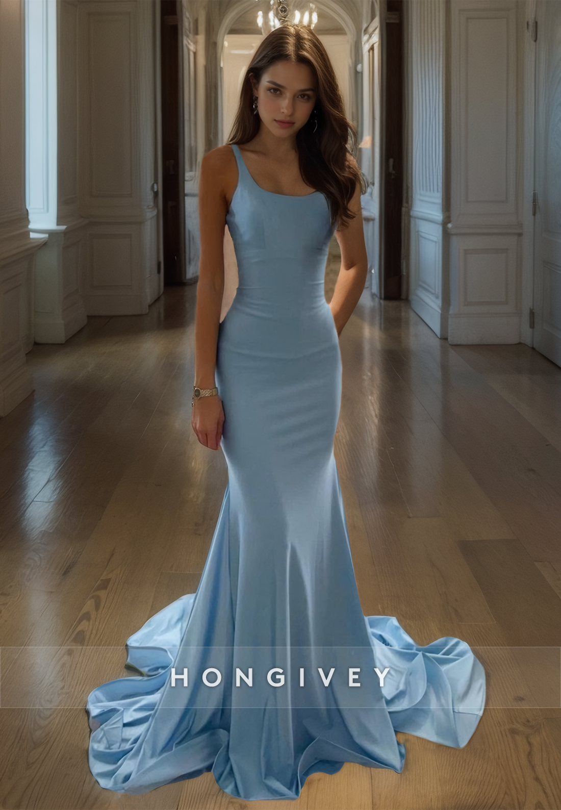 Elegant Sky Blue Mermaid Scoop Prom Dresses Floor Length Spaghetti Straps Formal Party Dress