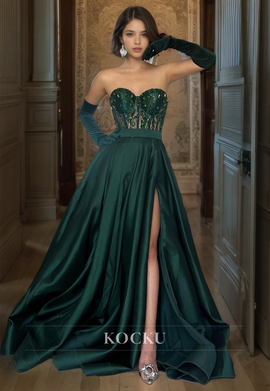 A-Line Sweetheart Half Sleeves High Split Satin Prom Dress with Beads Formal Gowns - Fashionpara