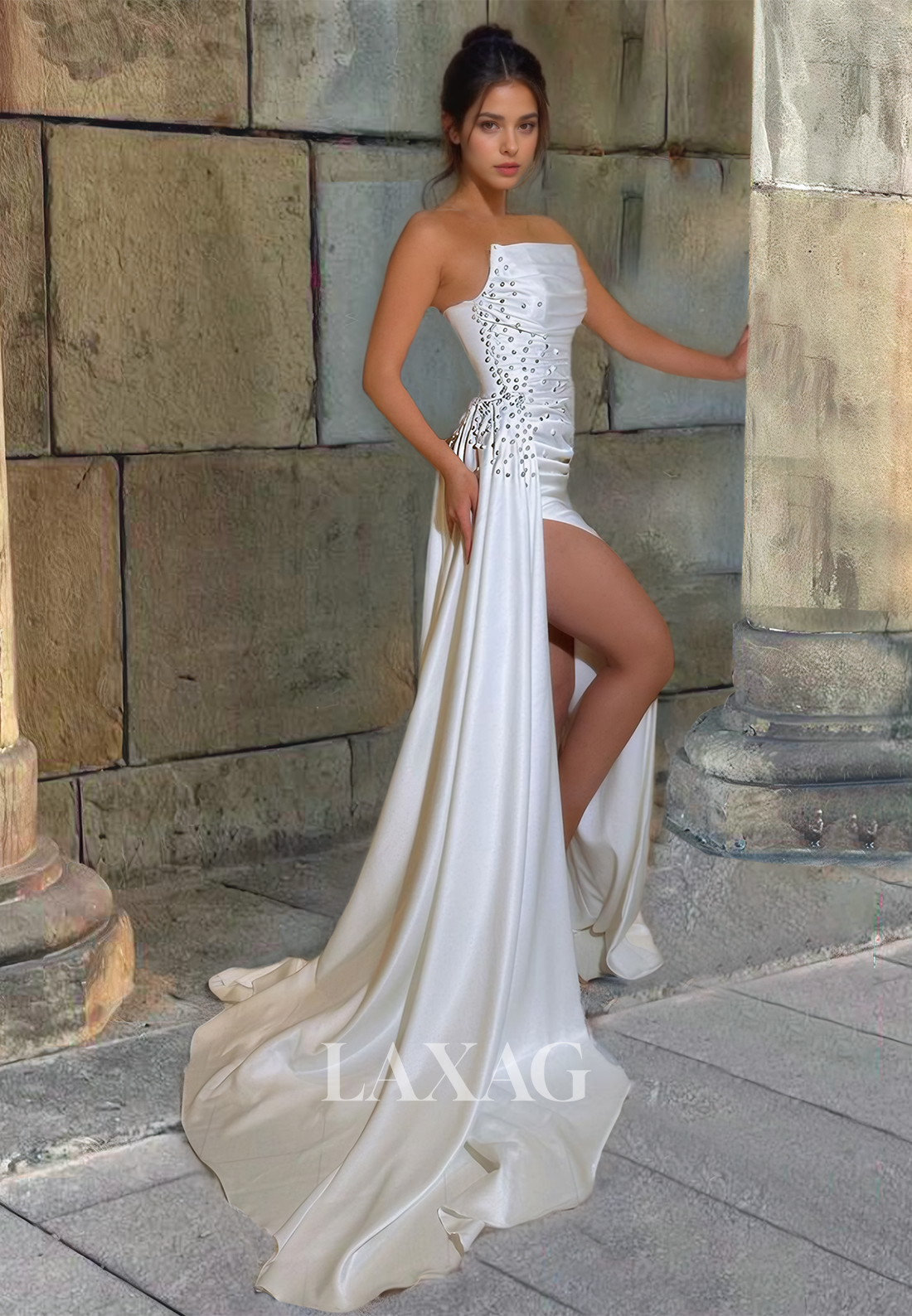 Tube Top Sleeveless Beaded Mermaid Formal Gowns   Satin Pleated Slit with Train Prom Dress - Fashionpara