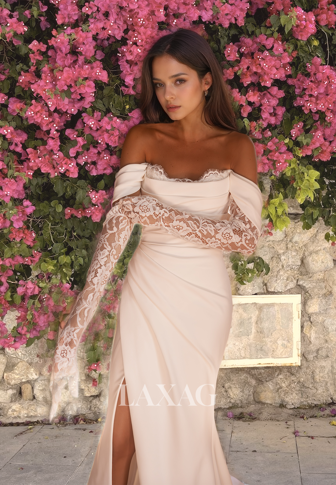 Sweetheart Satin Mermaid Wedding Dress Pleated with Removable Lace Gloves Beach Gowns - Fashionpara