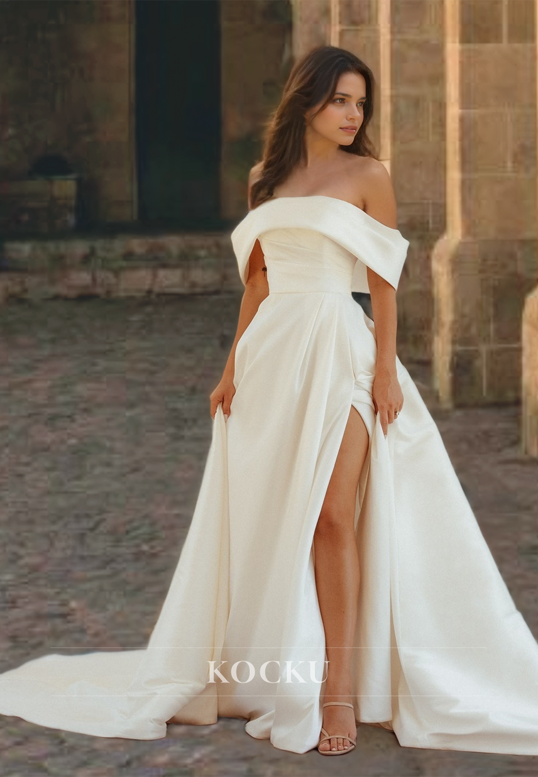 A-Line Off-Shoulder Wedding Dress Sleeveless High Split Satin Bridal Dress with Train